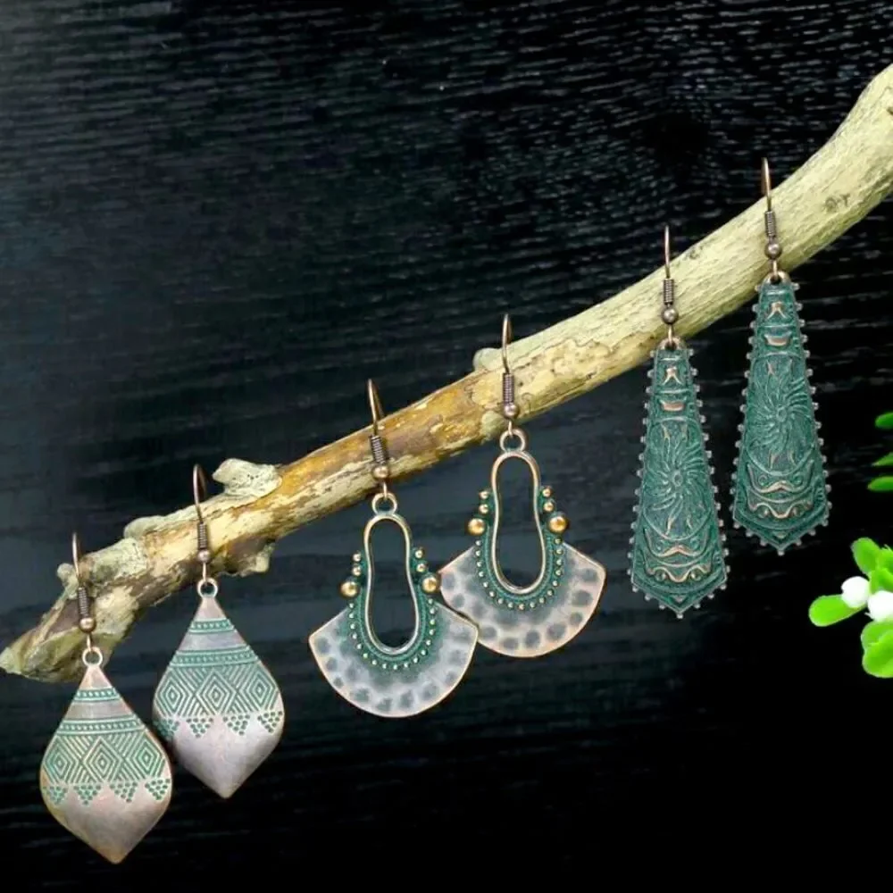 🤎🆕 🩵  3 Pair Boho Ancient Bronze Turquoise Vintage Inspired Earrings Set ✨